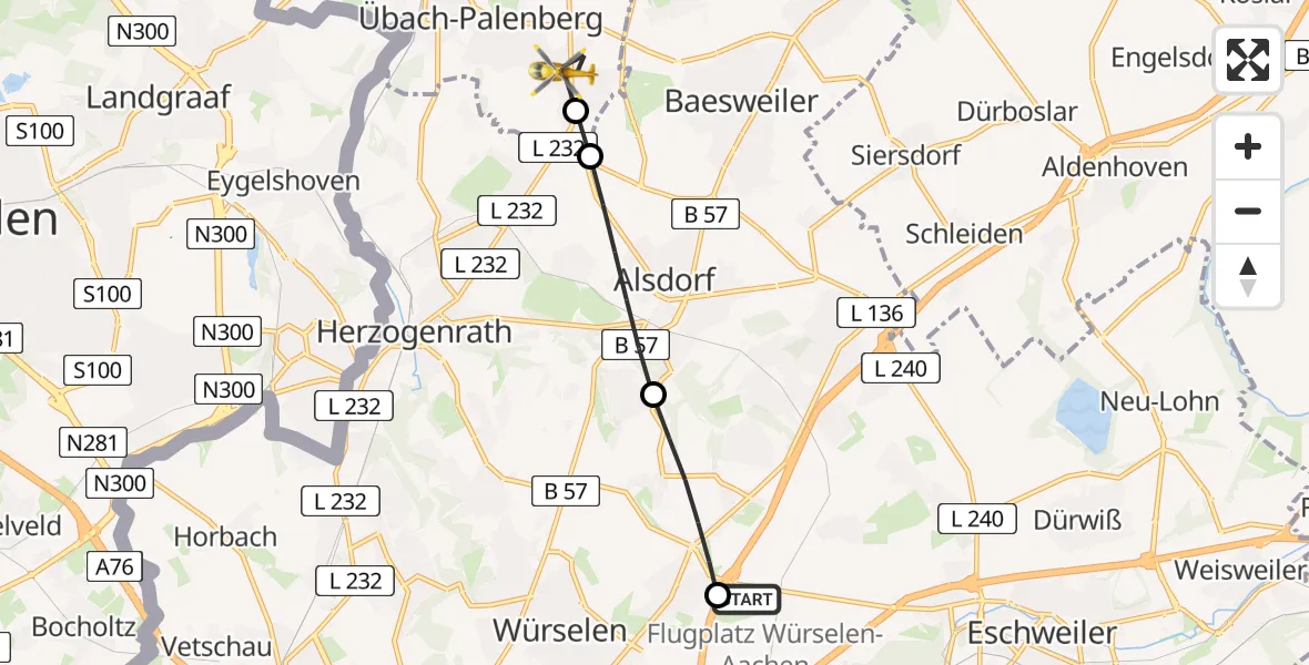 Flugroute Rettungshubschrauber Aachen-Merzbrück Flughafen - Übach-Palenberg, 27 Juli 2026, 08:14