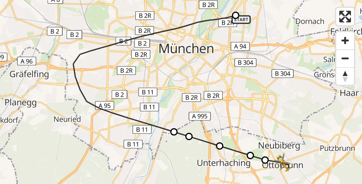 Flugroute Rettungshubschrauber München Bogenhausen Hospital - Ottobrunn, 27 Juli 2026, 08:20