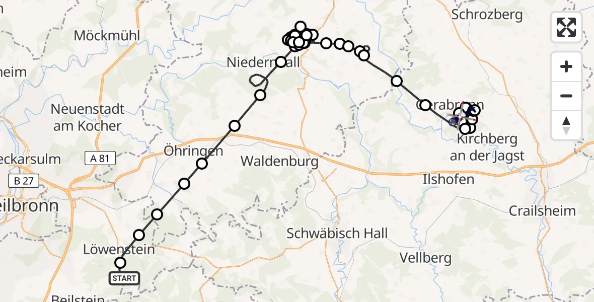 Flugroute Polizeihubschrauber Beilstein - Rot am See, 27 Juli 2026, 08:21