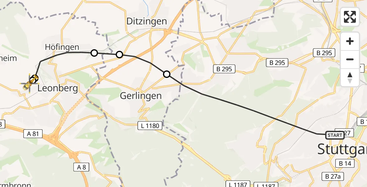 Flugroute Rettungshubschrauber Stuttgart - Leonberg Hospital, 27 Juli 2026, 08:24