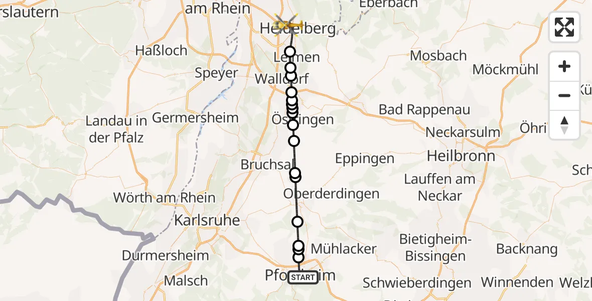 Flugroute Ambulanzhubschrauber Pforzheim - Heidelberg, 27 Juli 2026, 08:28