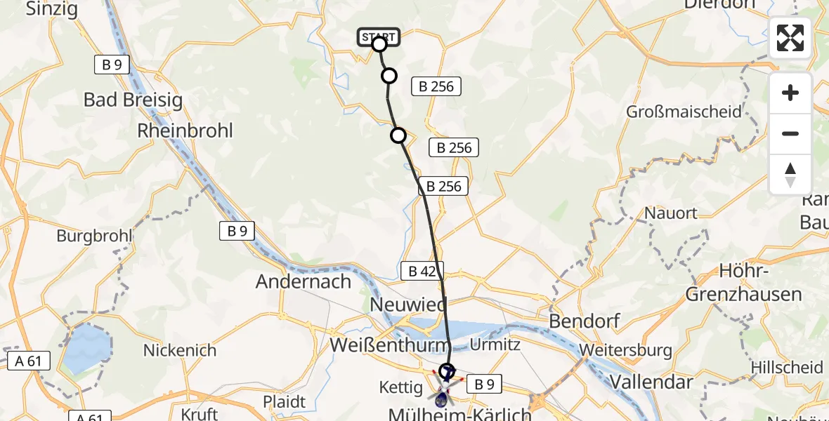 Flugroute Polizeihubschrauber Niederbreitbach - Mülheim-Kärlich, 27 Juli 2026, 08:29