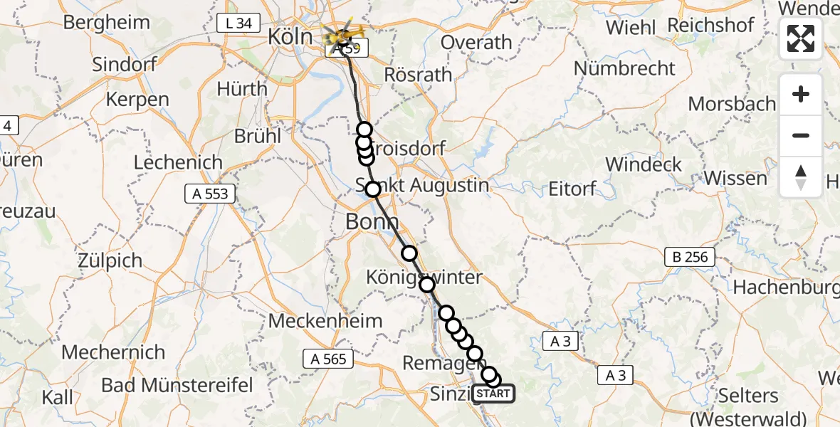 Flugroute Ambulanzhubschrauber Leubsdorf - Merheim Hospital, 27 Juli 2026, 08:34