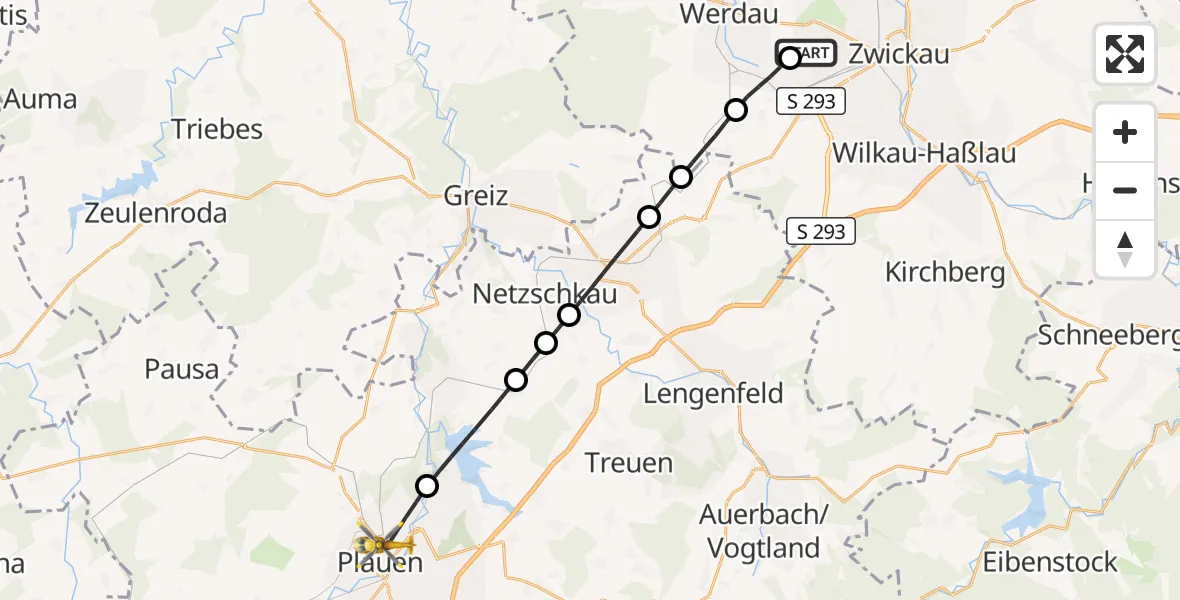 Flugroute Rettungshubschrauber ADAC Air Rescue Station Zwickau Hubschrauberlandeplatz - Plauen, 27 Juli 2026, 08:45