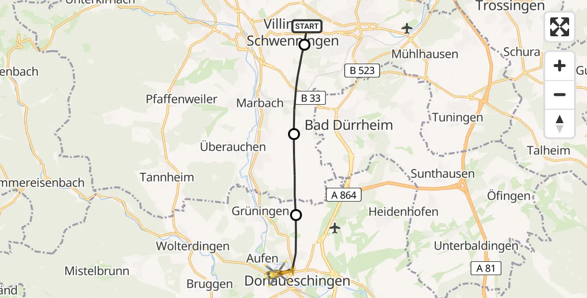 Flugroute Ambulanzhubschrauber DRF Air Rescue Station Villingen-Schwenningen Hubschrauberlandeplatz (Christoph 11) - Donaueschingen, 27 Juli 2026, 08:45
