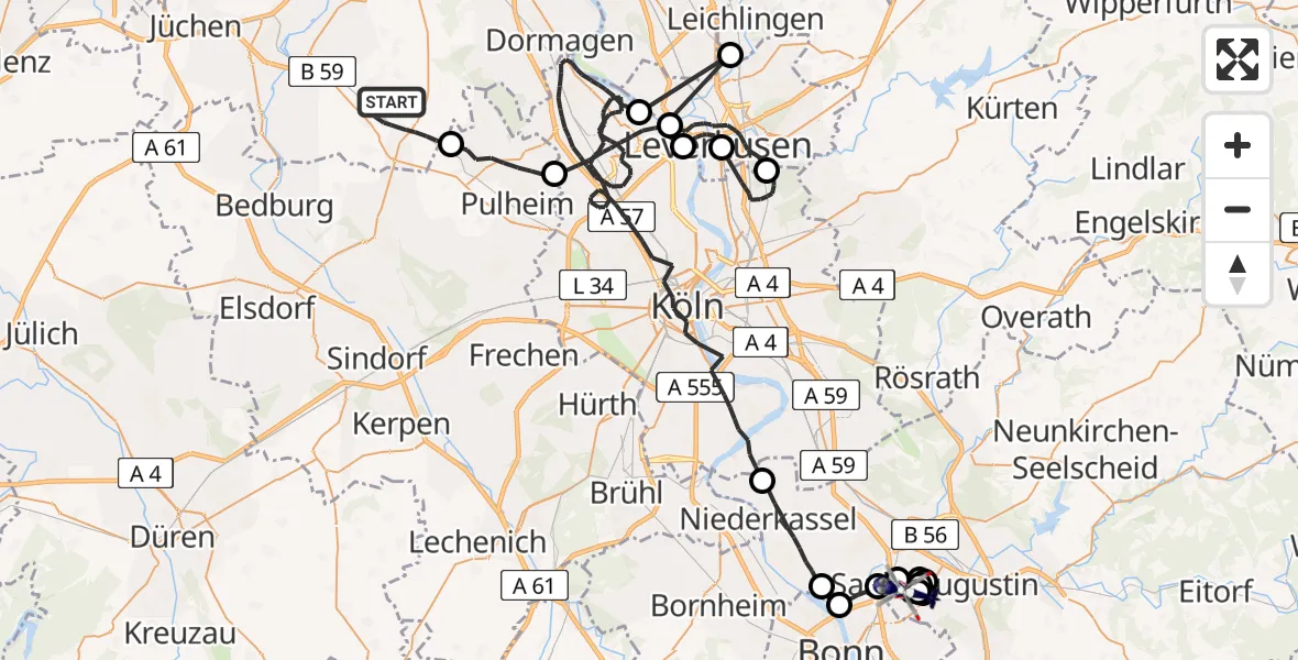 Flugroute Polizeihubschrauber Rommerskirchen - Bonn-Hangelar Flugplatz, 27 Juli 2026, 08:47