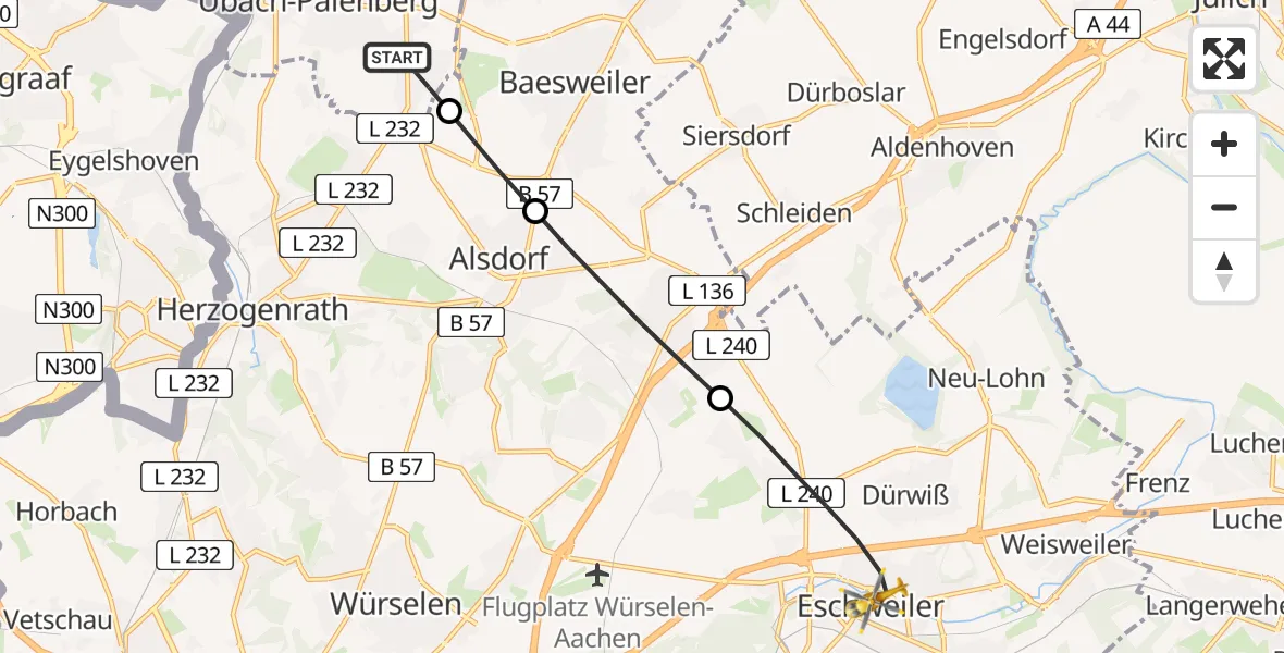 Flugroute Rettungshubschrauber Übach-Palenberg - Eschweiler, 27 Juli 2026, 08:52