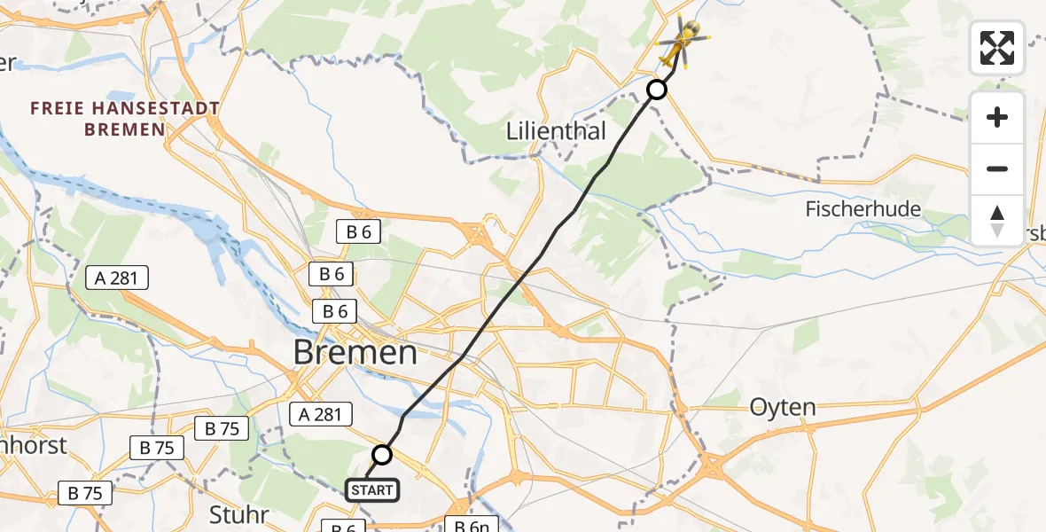 Flugroute Rettungshubschrauber ADAC Air Rescue Station Bremen Hubschrauberlandeplatz (Christoph 6) - Lilienthal, 27 Juli 2026, 08:54