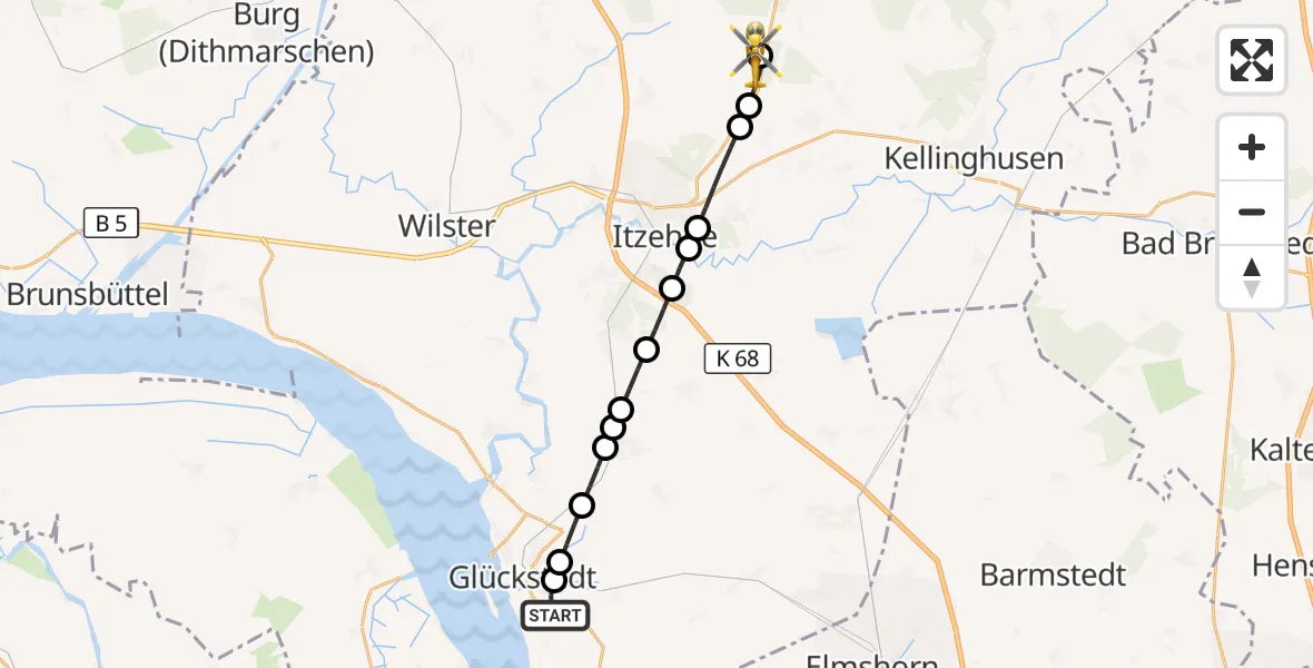 Flugroute Rettungshubschrauber Glückstadt - Itzehoe Hungriger Wolf Flugplatz, 27 Juli 2026, 08:56