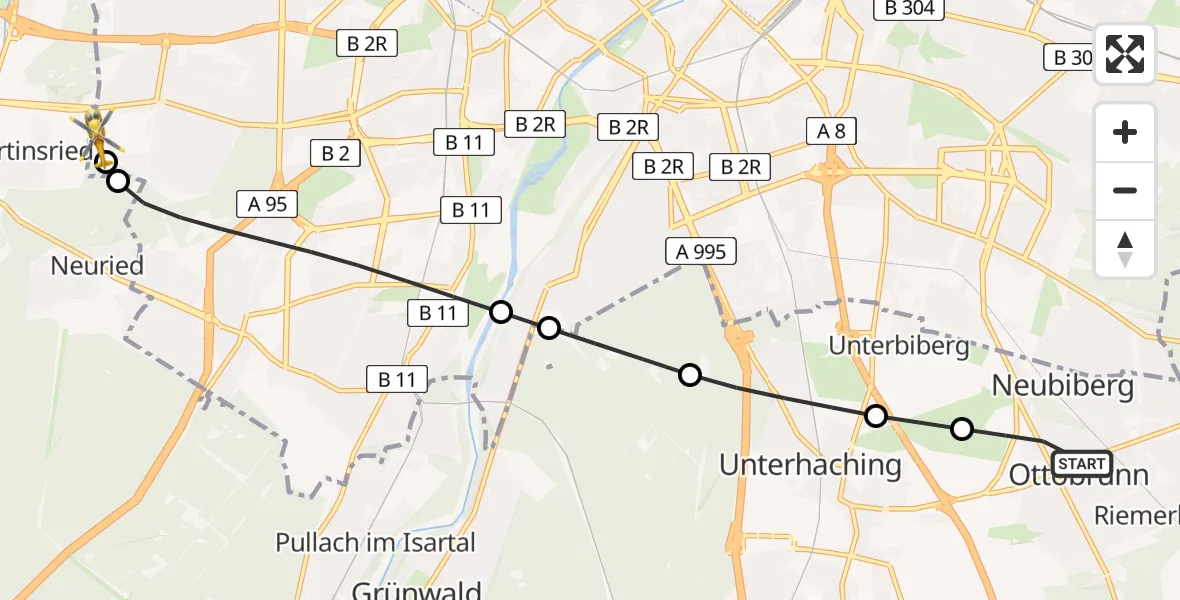 Flugroute Rettungshubschrauber Ottobrunn - DRF Air Rescue München Hubschrauberlandeplatz, 27 Juli 2026, 09:04