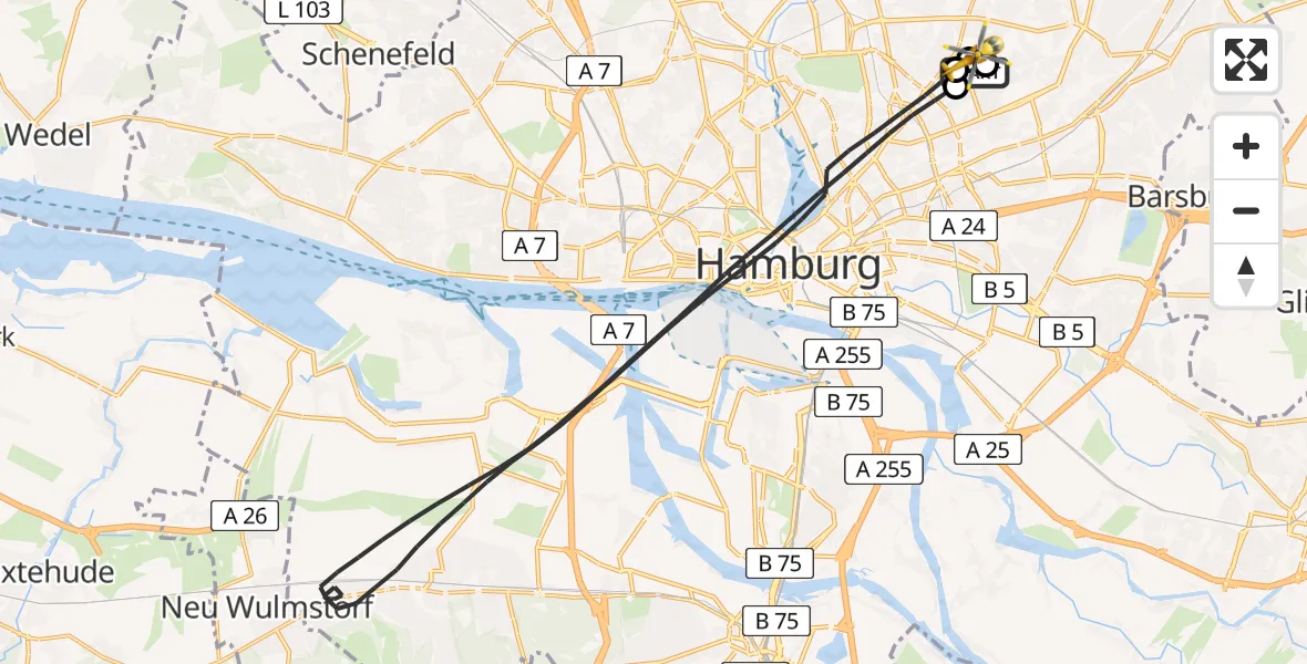 Flugroute Rettungshubschrauber Hamburg Military Hospital - Hamburg Bundeswehrkrankenhaus Hubschrauberlandeplatz, 27 Juli 2026, 09:06