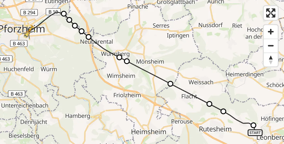 Flugroute Rettungshubschrauber Leonberg Hospital - Pforzheim, 27 Juli 2026, 09:07
