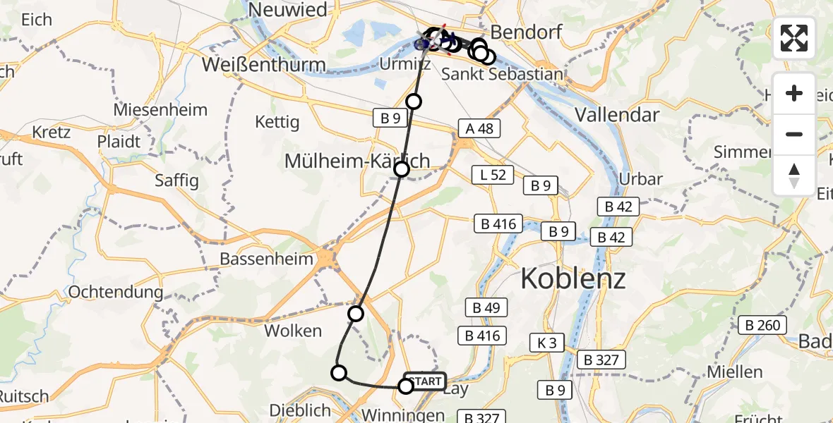 Flugroute Polizeihubschrauber Koblenz-Winningen Flugplatz - Kaltenengers, 27 Juli 2026, 09:11