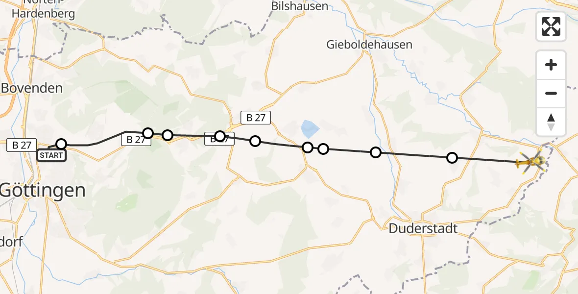 Flugroute Rettungshubschrauber Göttingen University Clinic Hubschrauberlandeplatz - Duderstadt, 27 Juli 2026, 09:15