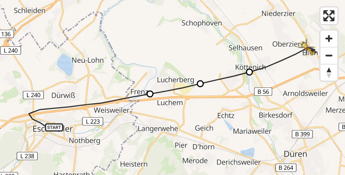 Flugroute Rettungshubschrauber Eschweiler - Niederzier, 27 Juli 2026, 09:17