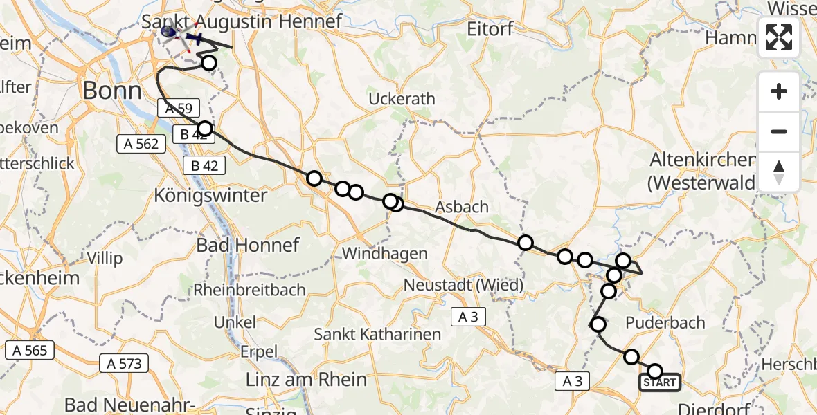 Flugroute Polizeihubschrauber Niederhofen - Bonn-Hangelar Flugplatz, 27 Juli 2026, 09:19