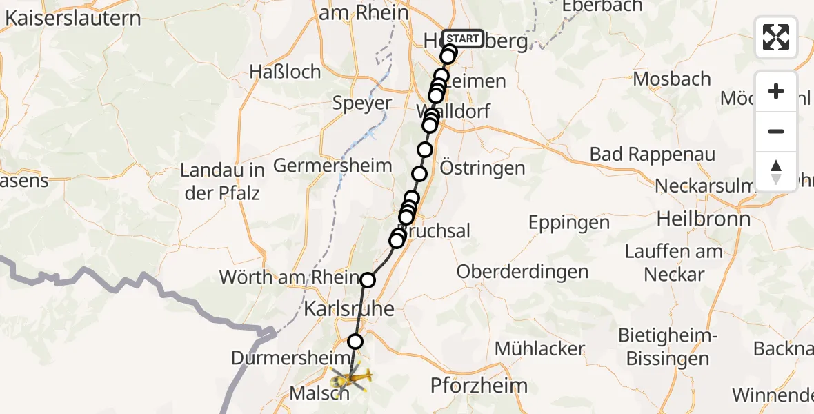 Flugroute Ambulanzhubschrauber Heidelberg - Ettlingen, 27 Juli 2026, 09:20