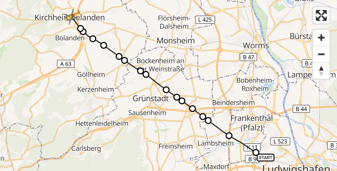Flugroute Rettungshubschrauber Ludwigshafen am Rhein - Kirchheimbolanden, 27 Juli 2026, 09:21