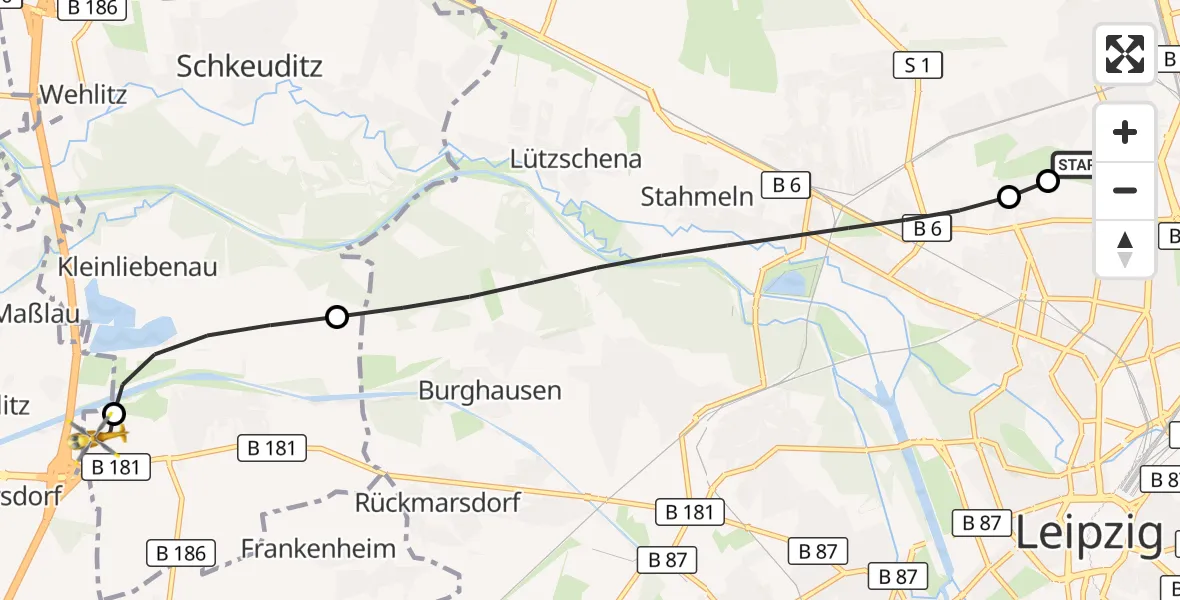 Flugroute Rettungshubschrauber Sankt Georg Hospital Leipzig Reserve - ADAC Air Rescue Station Leipzig/Schkeuditz-Dölzig Hubschrauberlandeplatz (Christoph 61), 27 Juli 2026, 09:22