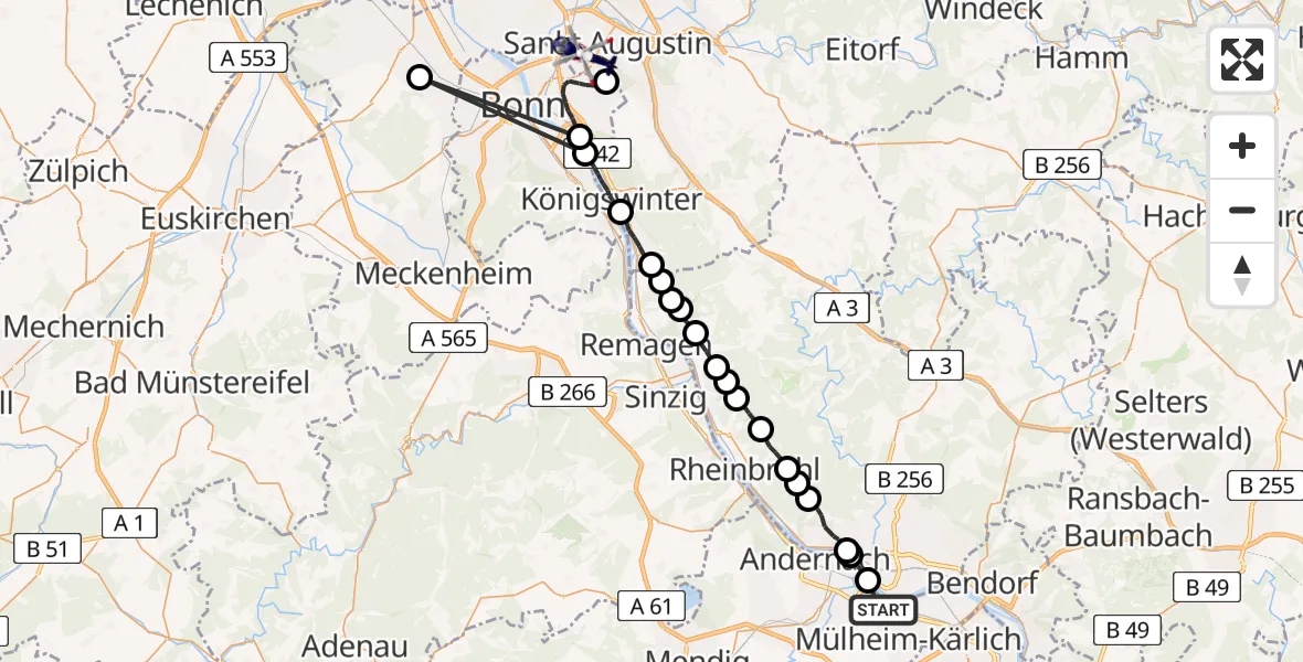 Flugroute Polizeihubschrauber Weißenthurm - Bonn-Hangelar Flugplatz, 27 Juli 2026, 09:22