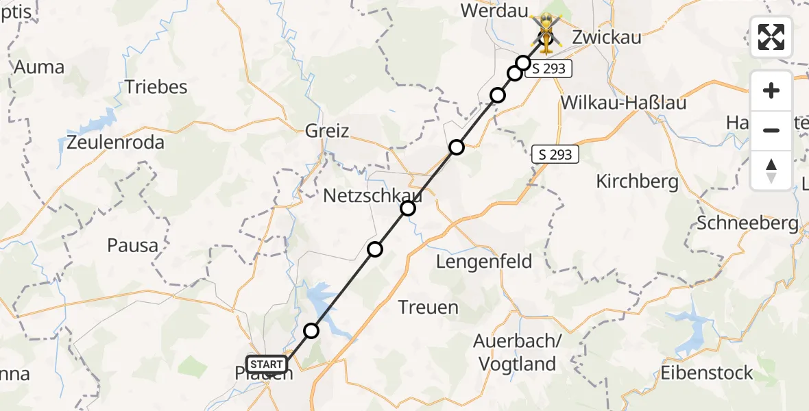 Flugroute Rettungshubschrauber Plauen - ADAC Air Rescue Station Zwickau Hubschrauberlandeplatz, 27 Juli 2026, 09:23