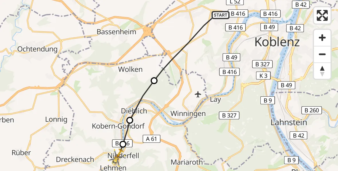 Flugroute Rettungshubschrauber Koblenz - Kobern-Gondorf, 27 Juli 2026, 09:24