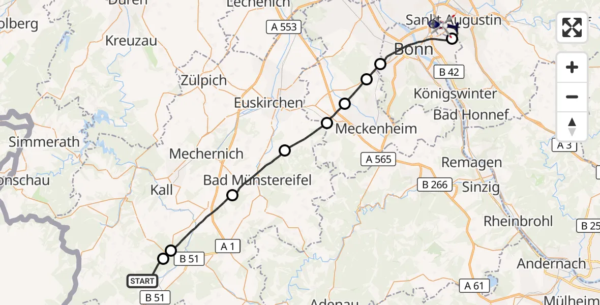 Flugroute Polizeihubschrauber Dahlem - Bonn-Hangelar Flugplatz, 27 Juli 2026, 09:25