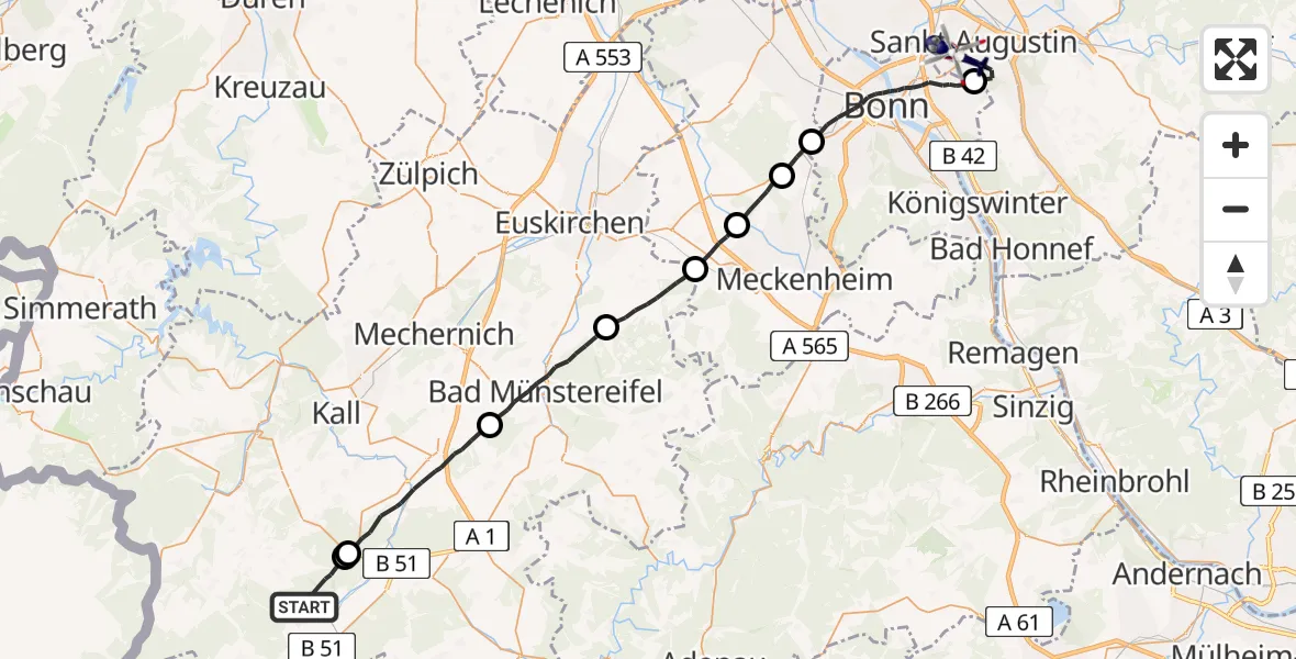 Flugroute Polizeihubschrauber Dahlem - Sankt Augustin, 27 Juli 2026, 09:26