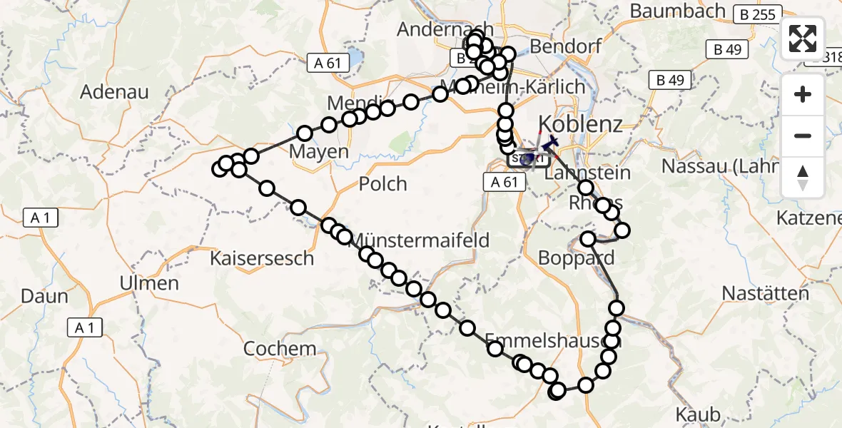 Flugroute Polizeihubschrauber Winningen - Koblenz, 27 Juli 2026, 09:27