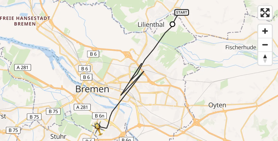 Flugroute Rettungshubschrauber Lilienthal - ADAC Air Rescue Station Bremen Hubschrauberlandeplatz (Christoph 6), 27 Juli 2026, 09:29