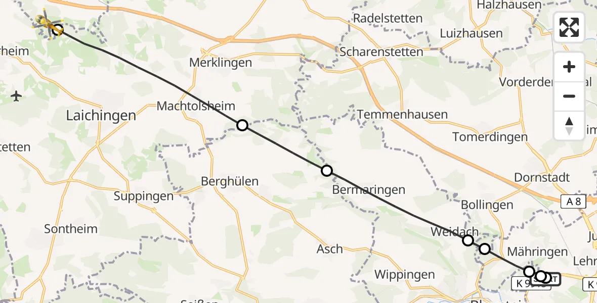 Flugroute Rettungshubschrauber Ulm Military Hospital Emergency - Hohenstadt, 27 Juli 2026, 09:40