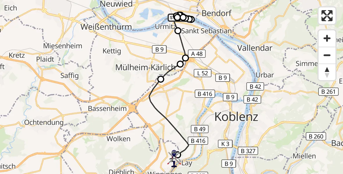 Flugroute Polizeihubschrauber Urmitz - Koblenz-Winningen Flugplatz, 27 Juli 2026, 09:45