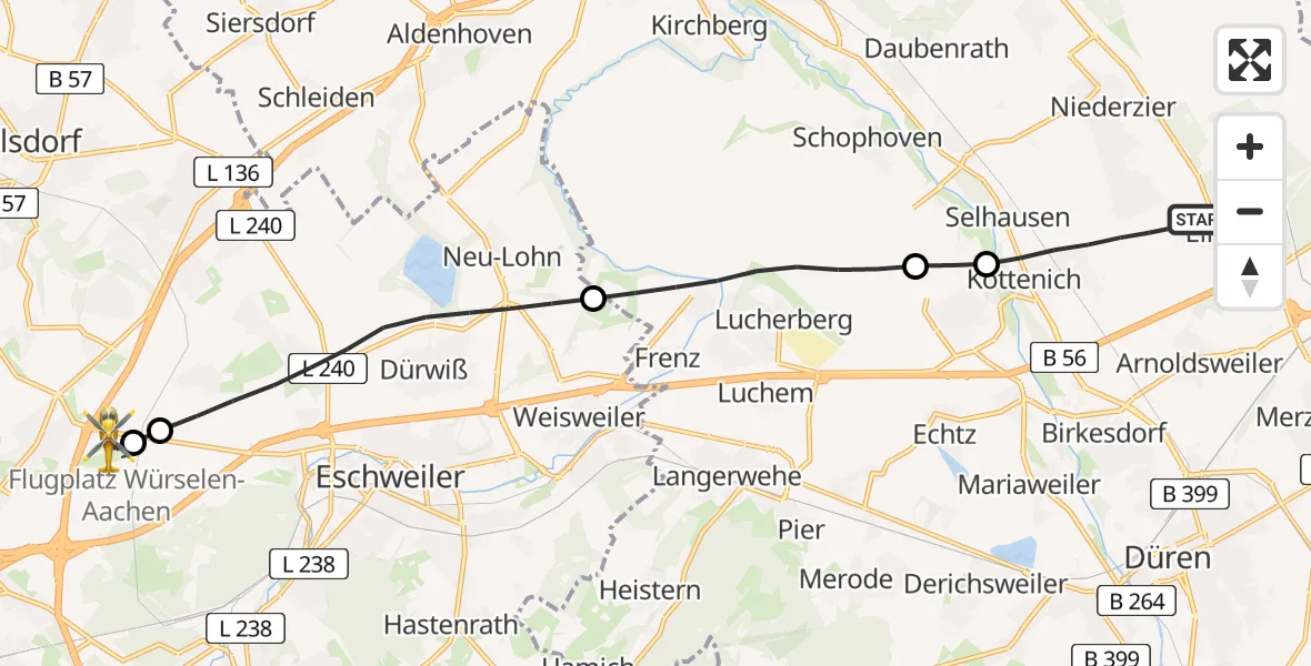 Flugroute Rettungshubschrauber Niederzier - Aachen-Merzbrück Flughafen, 27 Juli 2026, 09:48