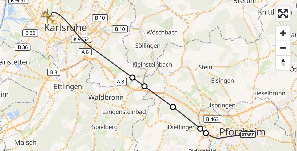 Flugroute Rettungshubschrauber Pforzheim - Karlsruhe, 27 Juli 2026, 09:49