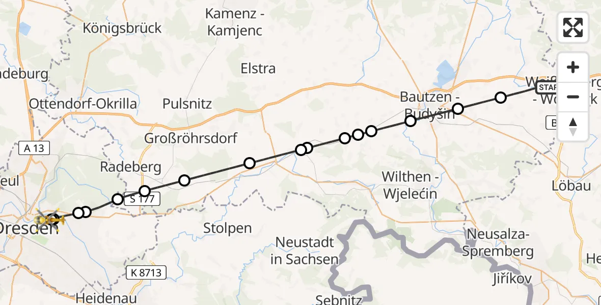 Flugroute Rettungshubschrauber Weißenberg - Dresden University Hospital, 27 Juli 2026, 09:50