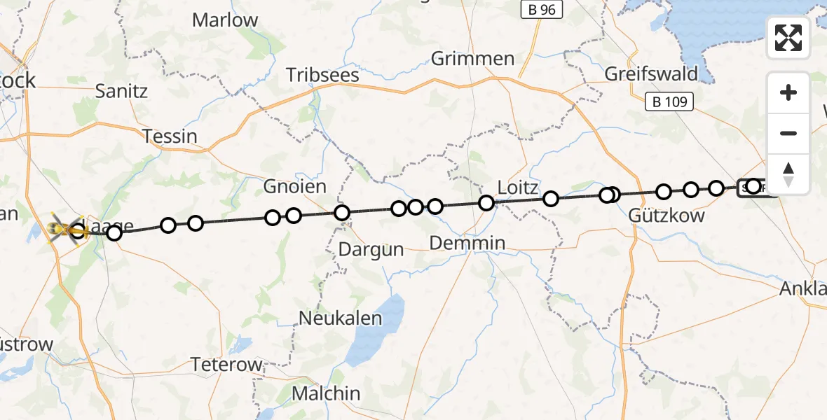 Flugroute Rettungshubschrauber Karlsburg - Flughafen Rostock-Laage, 27 Juli 2026, 09:51