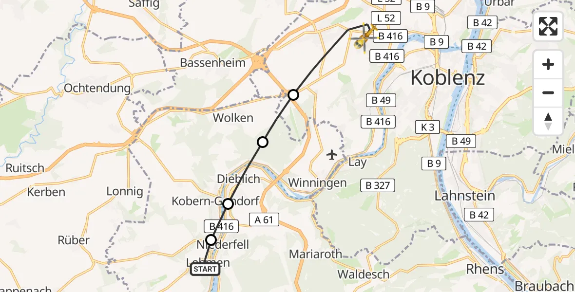 Flugroute Rettungshubschrauber Lehmen - Koblenz, 27 Juli 2026, 09:52
