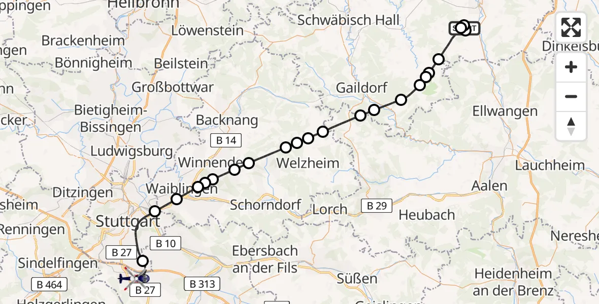 Flugroute Polizeihubschrauber Crailsheim - Flughafen Stuttgart, 27 Juli 2026, 09:53