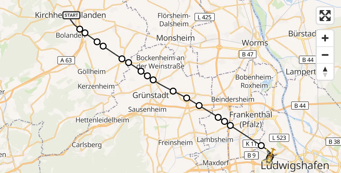 Flugroute Rettungshubschrauber Kirchheimbolanden - Ludwigshafen Accident Hospital Hubschrauberlandeplatz, 27 Juli 2026, 09:55