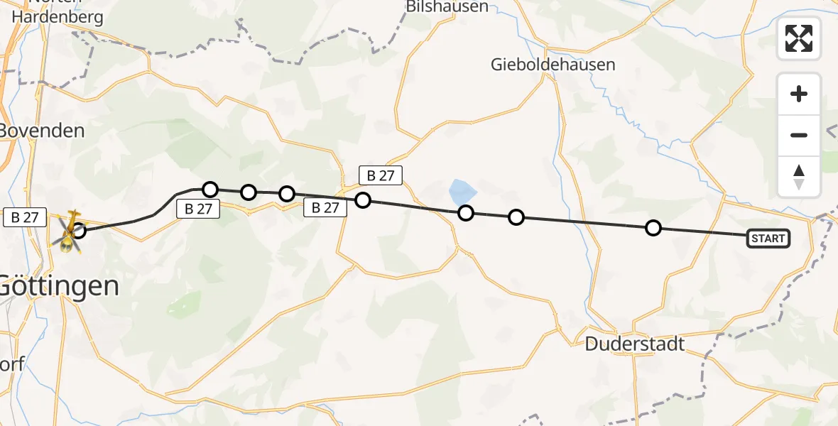 Flugroute Rettungshubschrauber Duderstadt - Göttingen University Clinic Hubschrauberlandeplatz, 27 Juli 2026, 09:57