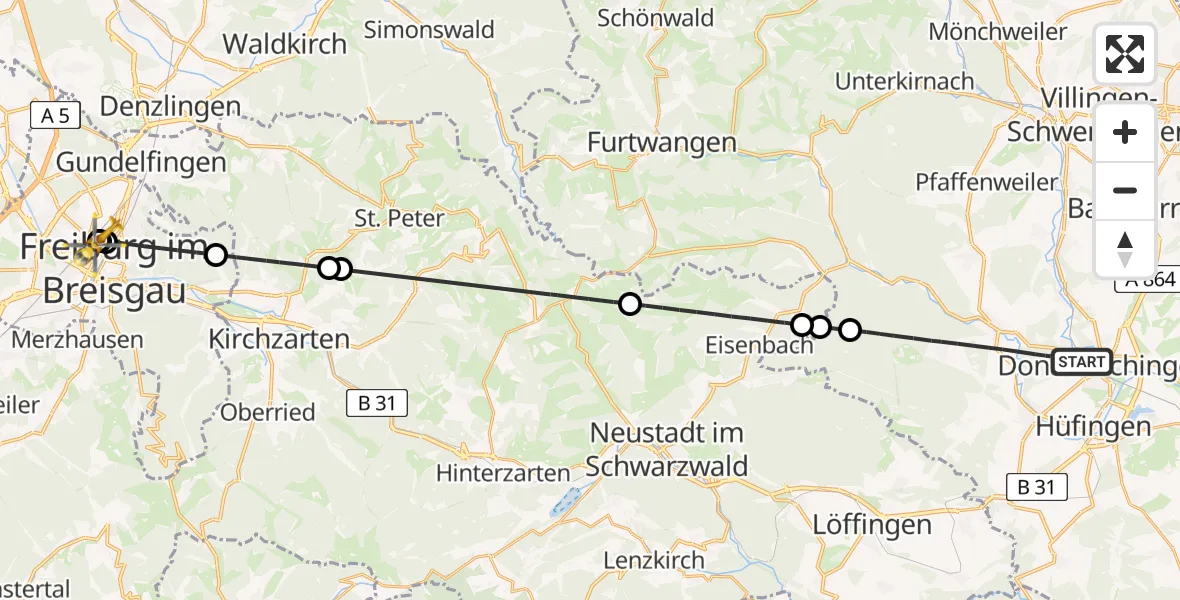 Flugroute Ambulanzhubschrauber Donaueschingen - Freiburg University Hospital Heliport 1, 27 Juli 2026, 09:58