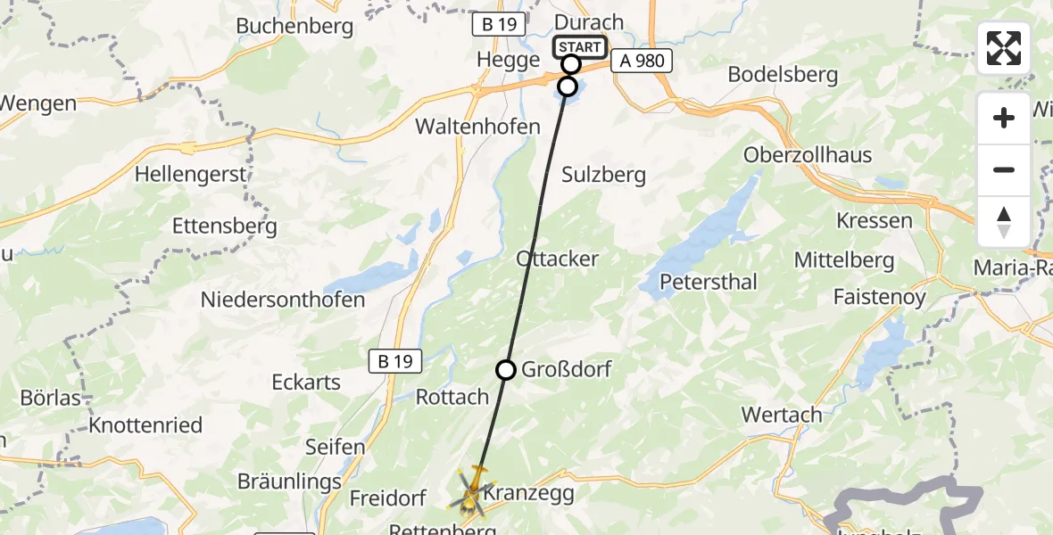 Flugroute Rettungshubschrauber Kempten-Durach Flugplatz - Rettenberg, 27 Juli 2026, 10:01
