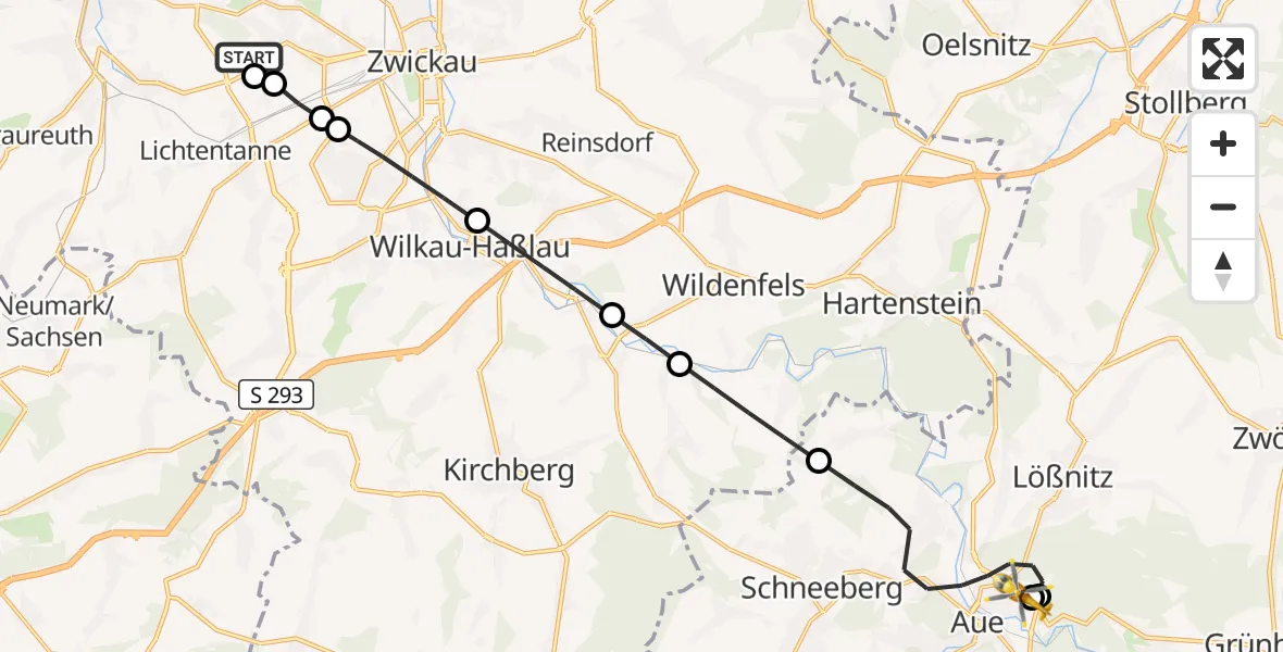 Flugroute Rettungshubschrauber ADAC Air Rescue Station Zwickau Hubschrauberlandeplatz - Helios Clinic Aue, 27 Juli 2026, 10:03