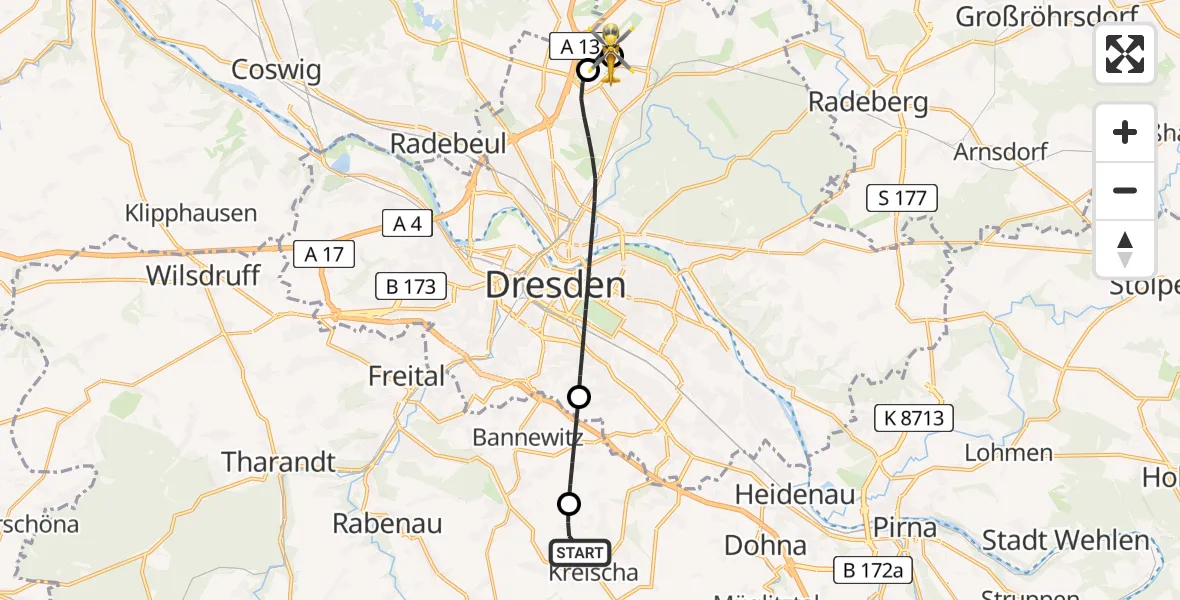 Flugroute Rettungshubschrauber Kreischa - Dresden Bundespolizei Hubschrauberlandeplatz, 27 Juli 2026, 10:08