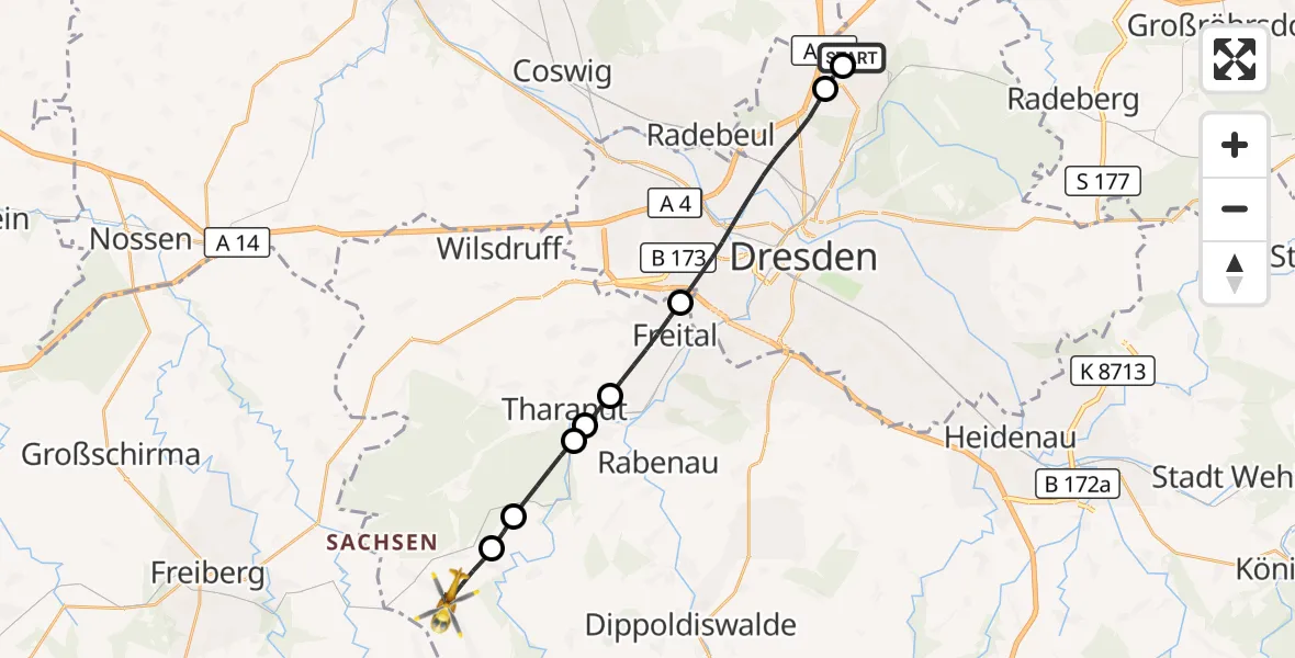 Flugroute Rettungshubschrauber Dresden Bundespolizei Hubschrauberlandeplatz - Klingenberg, 27 Juli 2026, 10:08