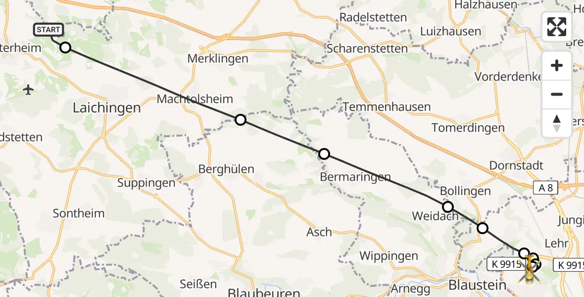 Flugroute Rettungshubschrauber Westerheim - Ulm Military Hospital Emergency Hubschrauberlandeplatz, 27 Juli 2026, 10:13