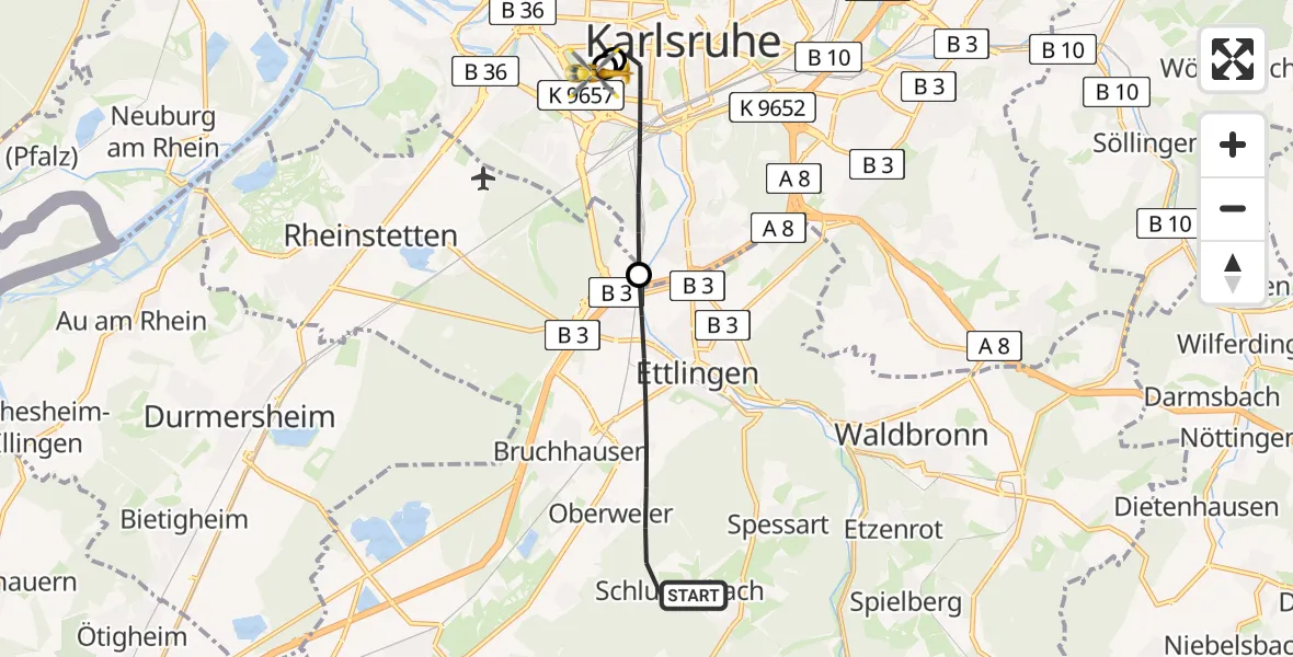 Flugroute Ambulanzhubschrauber Ettlingen - Sankt Vincentius Hospital, 27 Juli 2026, 10:17