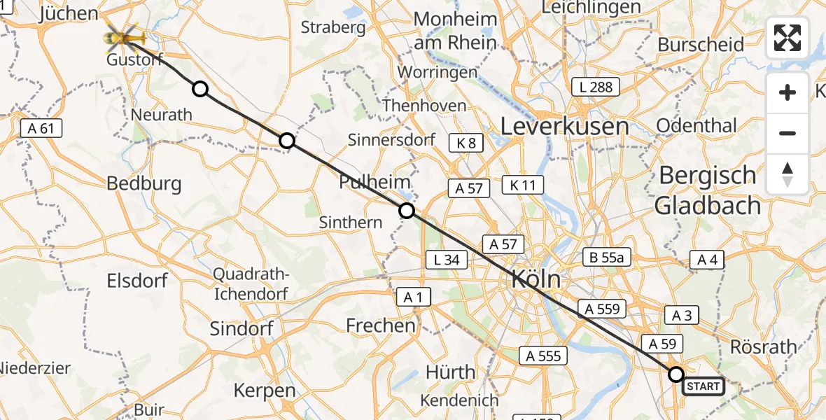 Flugroute Rettungshubschrauber Köln Bonn Flughafen - Grevenbroich, 27 Juli 2026, 10:18