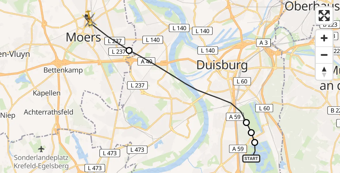 Flugroute Rettungshubschrauber Duisburg Air Rescue Hubschrauberlandeplatz (Christoph 9) - Moers, 27 Juli 2026, 10:28