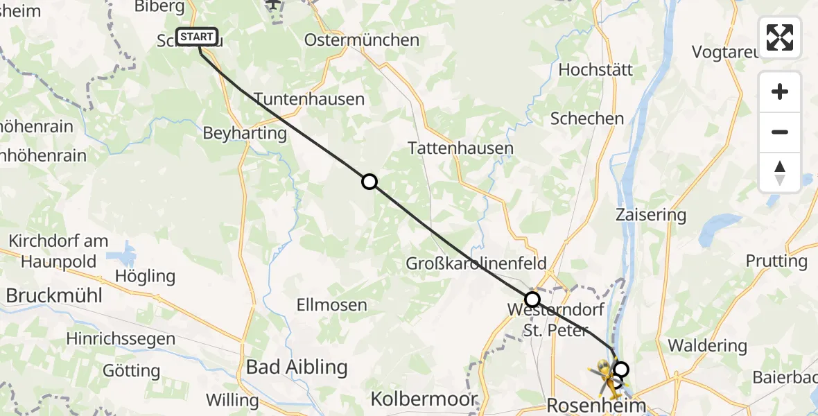 Flugroute Rettungshubschrauber Tuntenhausen - RoMed Hospital Rosenheim, 27 Juli 2026, 10:33